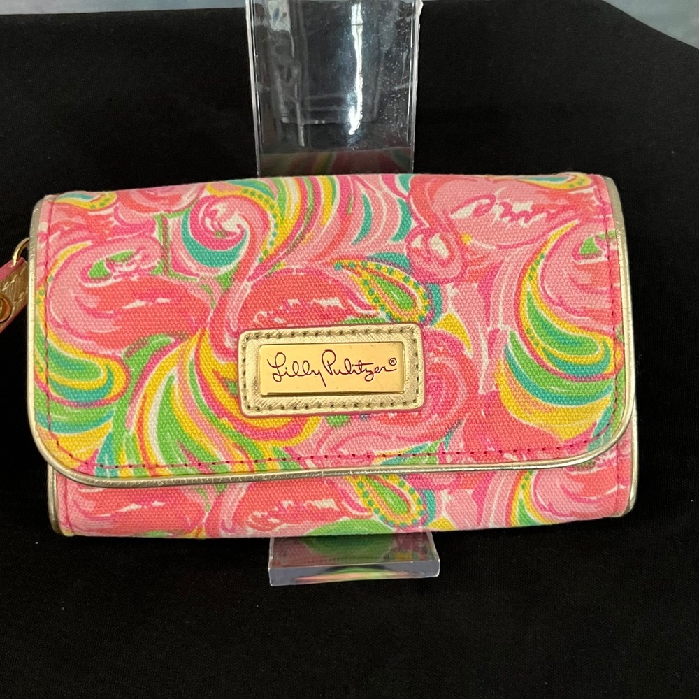 Lilly‎ Pulitzer It's a Keeper Pink Flamingo Canvas Wristlet Wallet Gold Trim - Picture 2 of 6